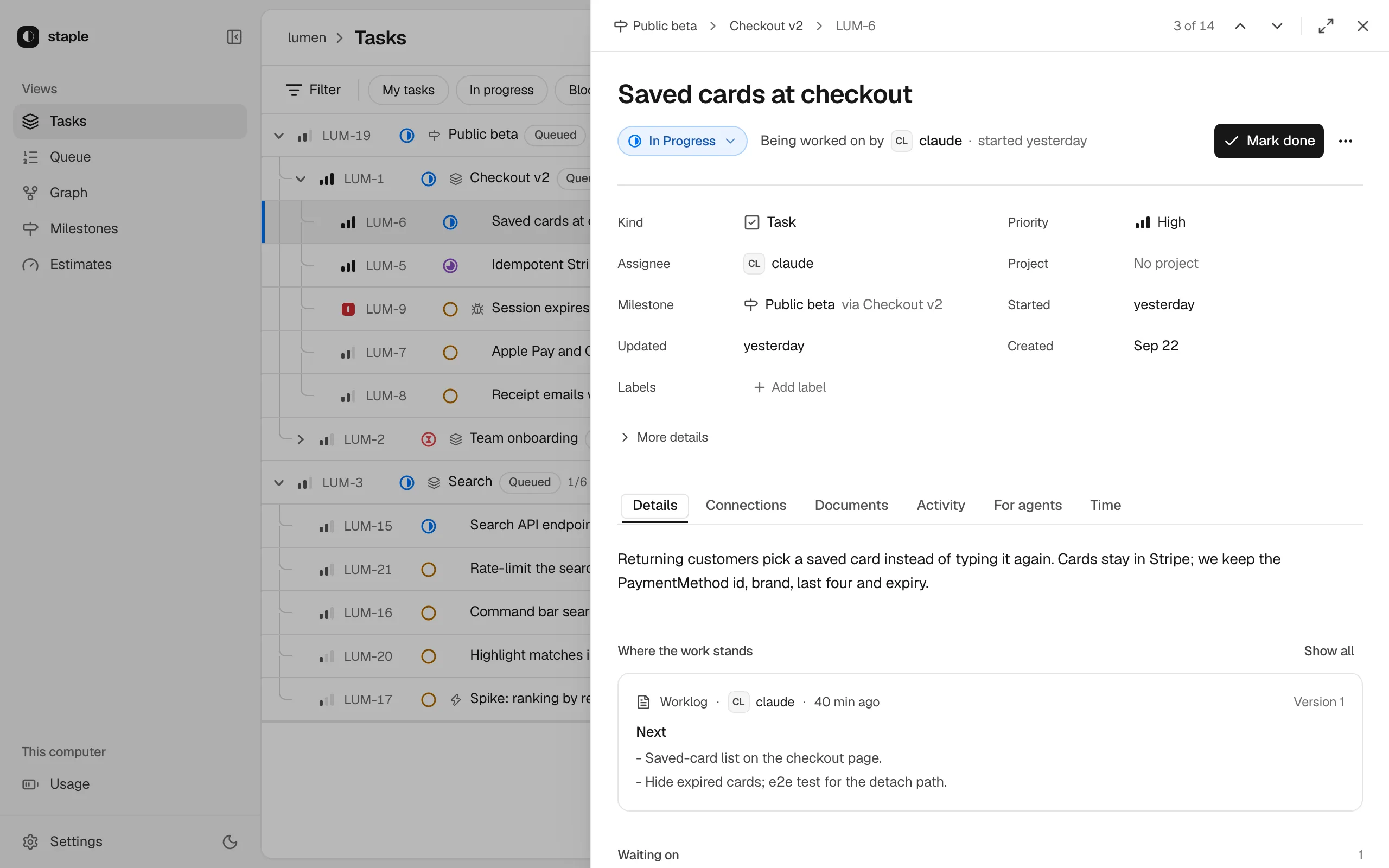 Task detail: the title, status and primary action at the top, the tabs, and the properties on the right