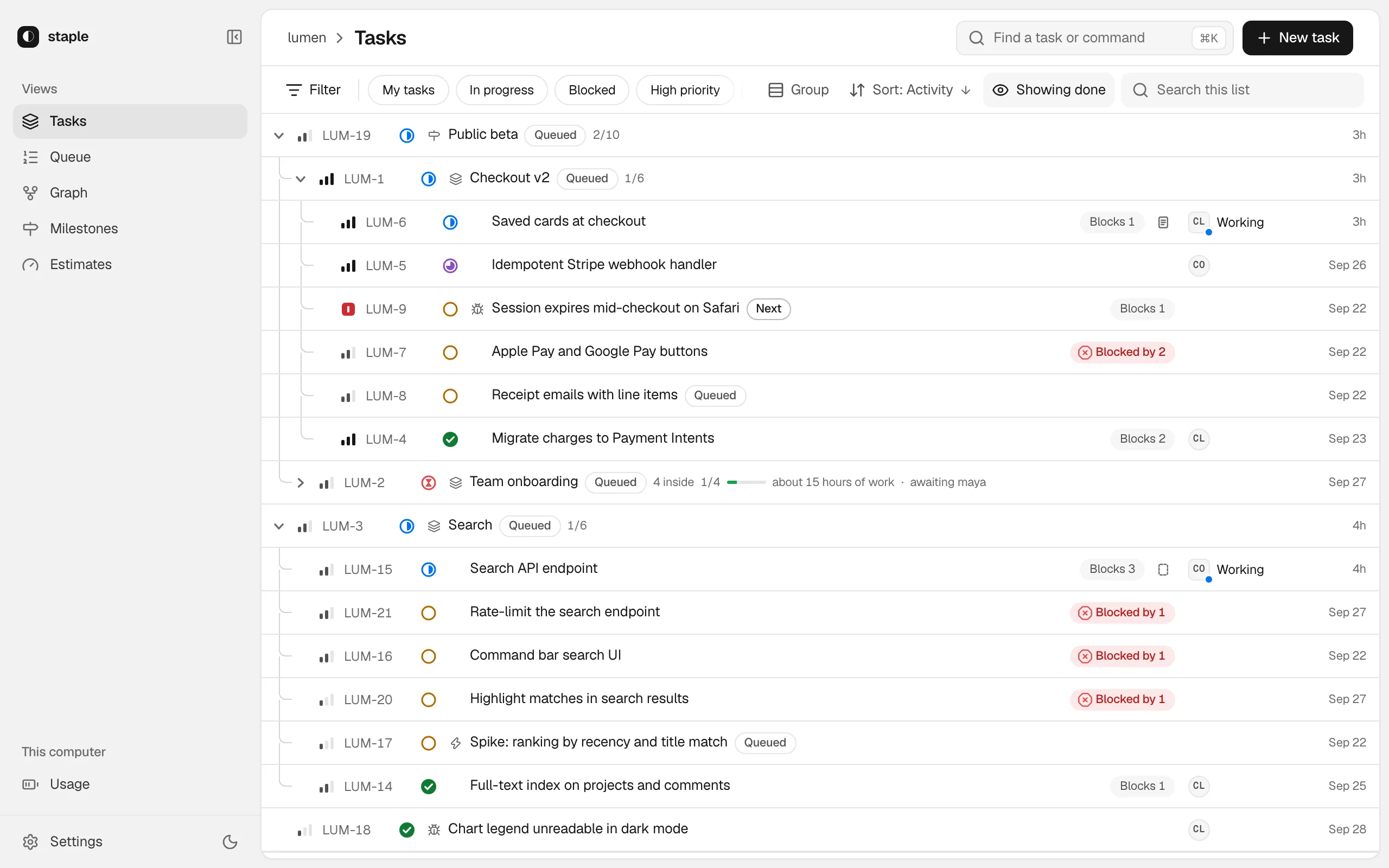The Tasks view: epics with their tickets nested beneath, status icons, blockers and who holds what